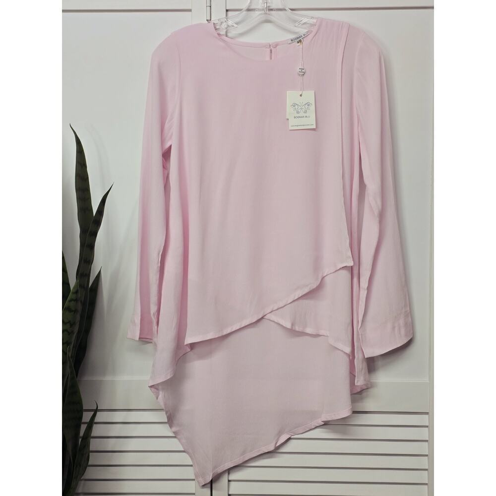 Bognar Blu Womens Split Tulip Hem Long Sleeve Round Neck Chiffon Blouse New XS